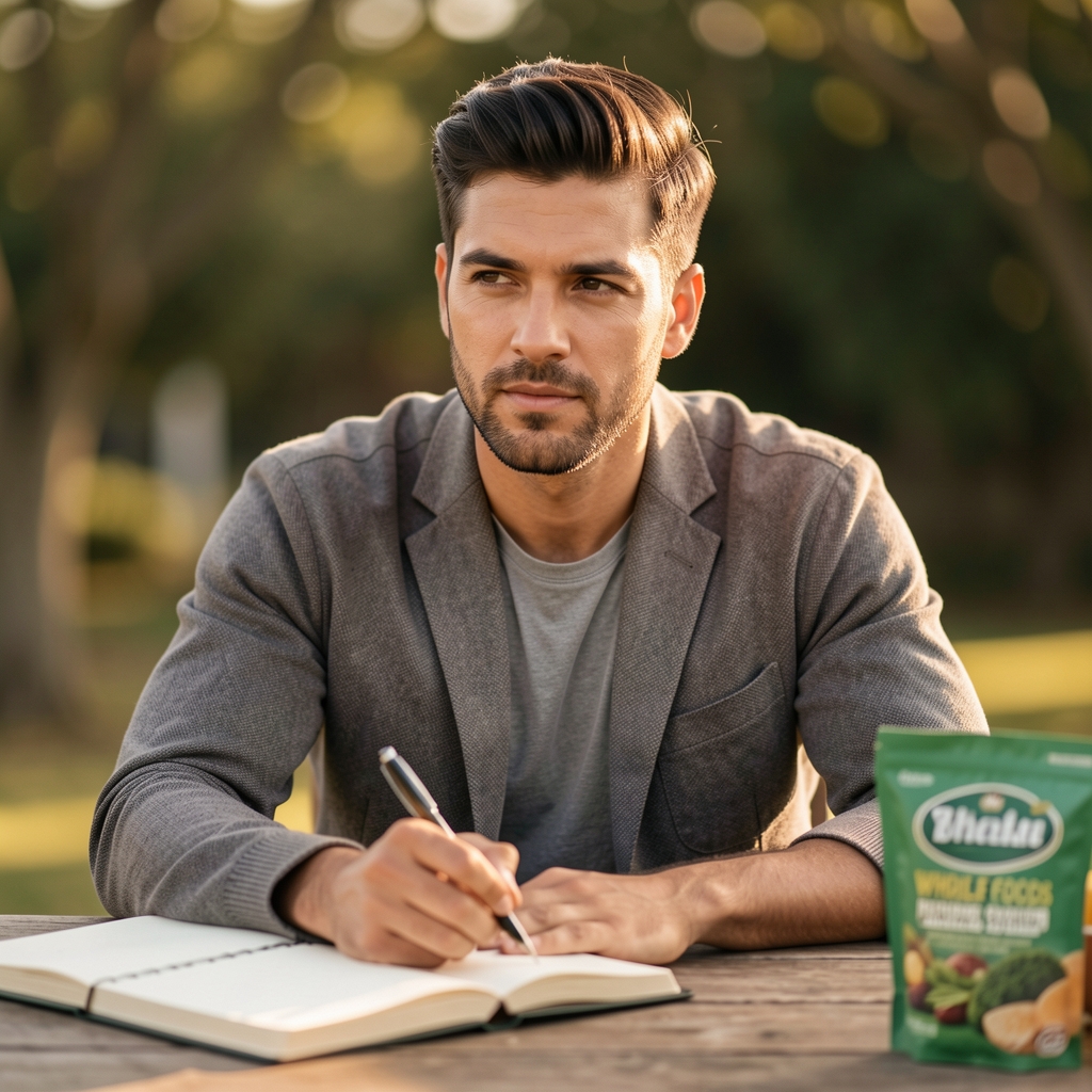 Male editorial portrait in warm natural light, thoughtful expression, seated at a wooden desk with journal and whole foods nearby