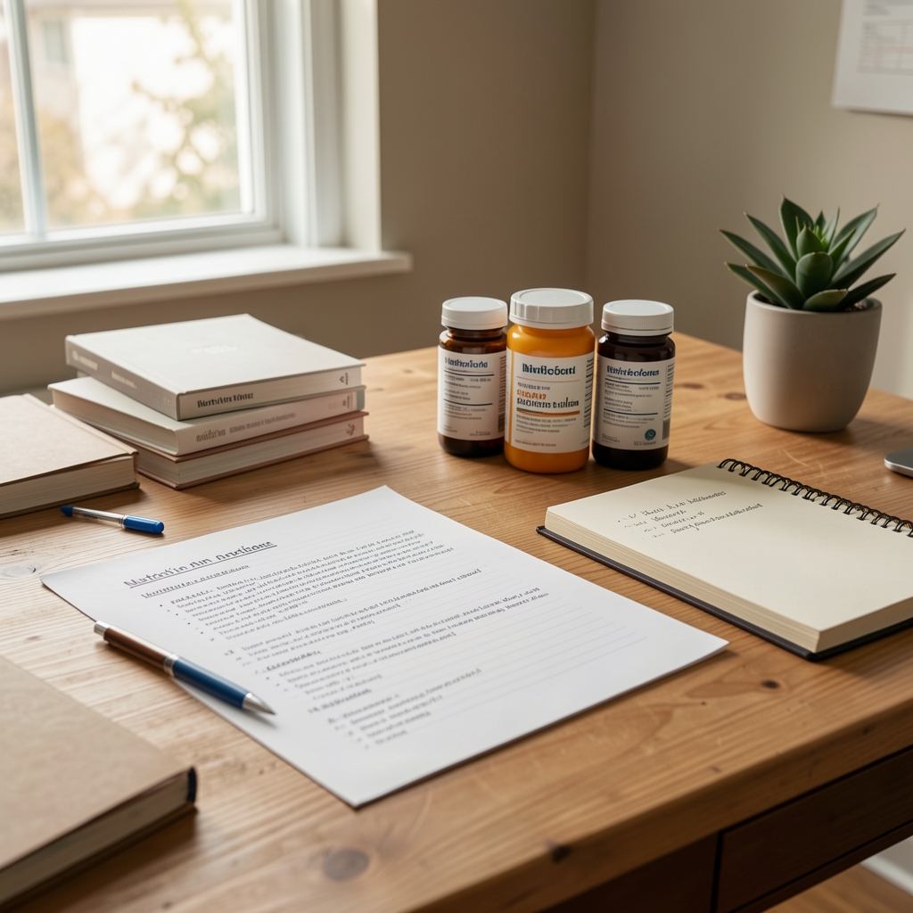 Editorial workspace in natural light, wooden desk with nutrition notes, supplement containers and journal arranged for documentation