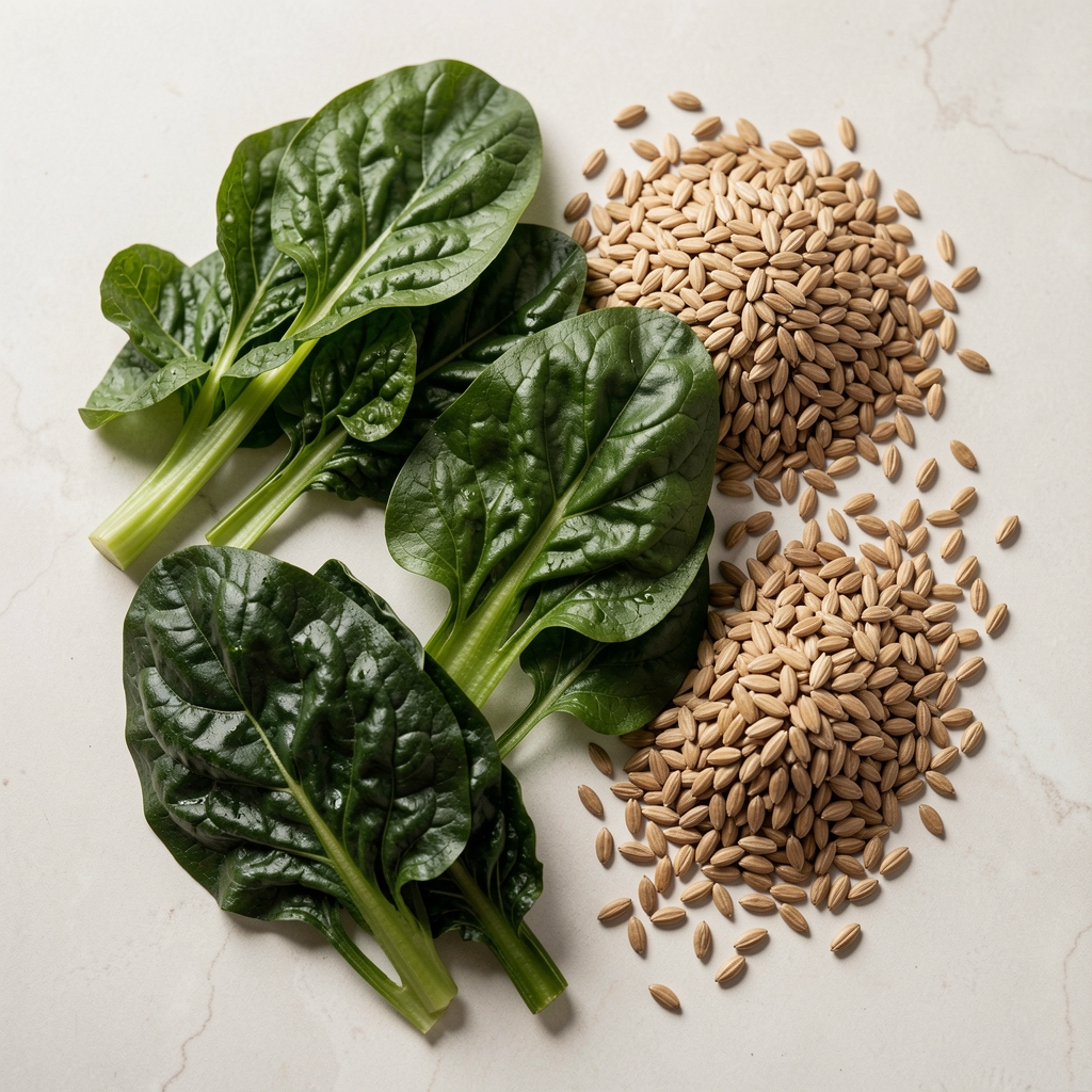 Magnesium-rich green foods, dark leafy vegetables and whole grains on pale editorial surface, overhead natural light