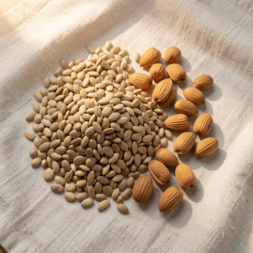 Zinc-rich seeds, legumes and nuts arranged on pale linen cloth, editorial overhead composition, warm natural light