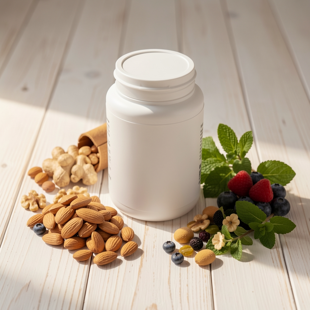Editorial still life showing supplement container and whole food ingredients on pale wooden surface, morning light overhead