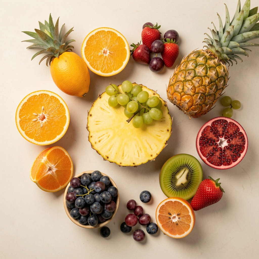 Colourful tropical fruits and whole foods on neutral pale surface, overhead editorial composition with warm tones