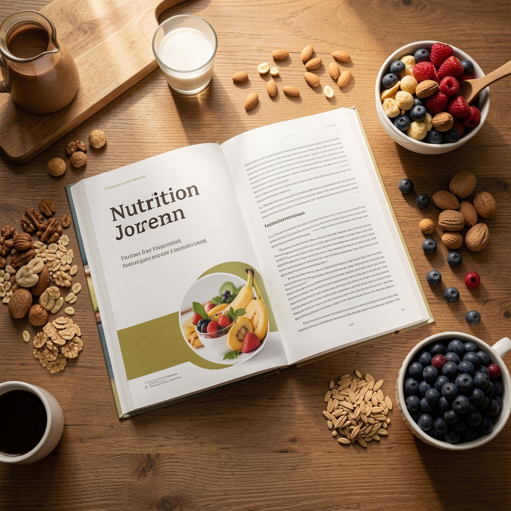 Open nutrition journal on a wooden desk with whole food items nearby, morning light editorial flat lay