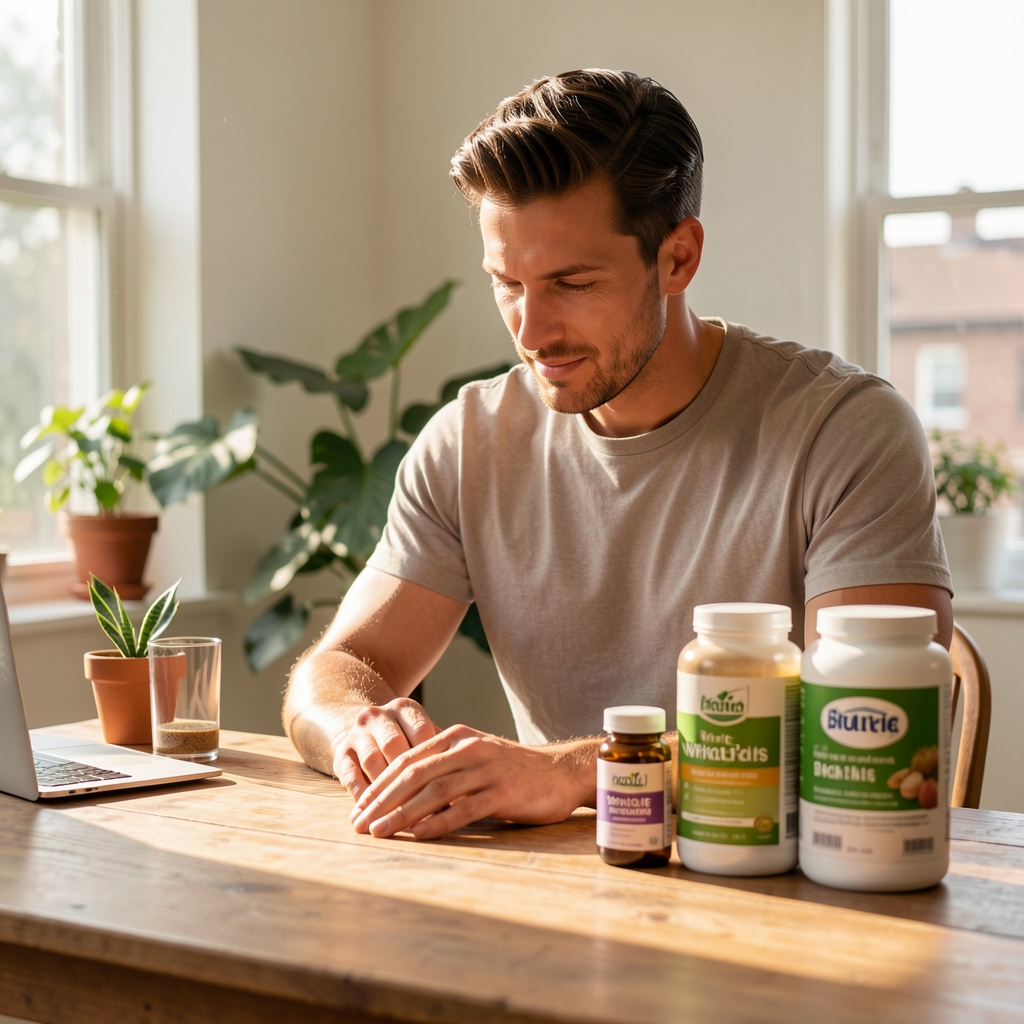 Active man preparing morning routine on a sunlit wooden desk with whole foods and supplement containers, editorial natural light