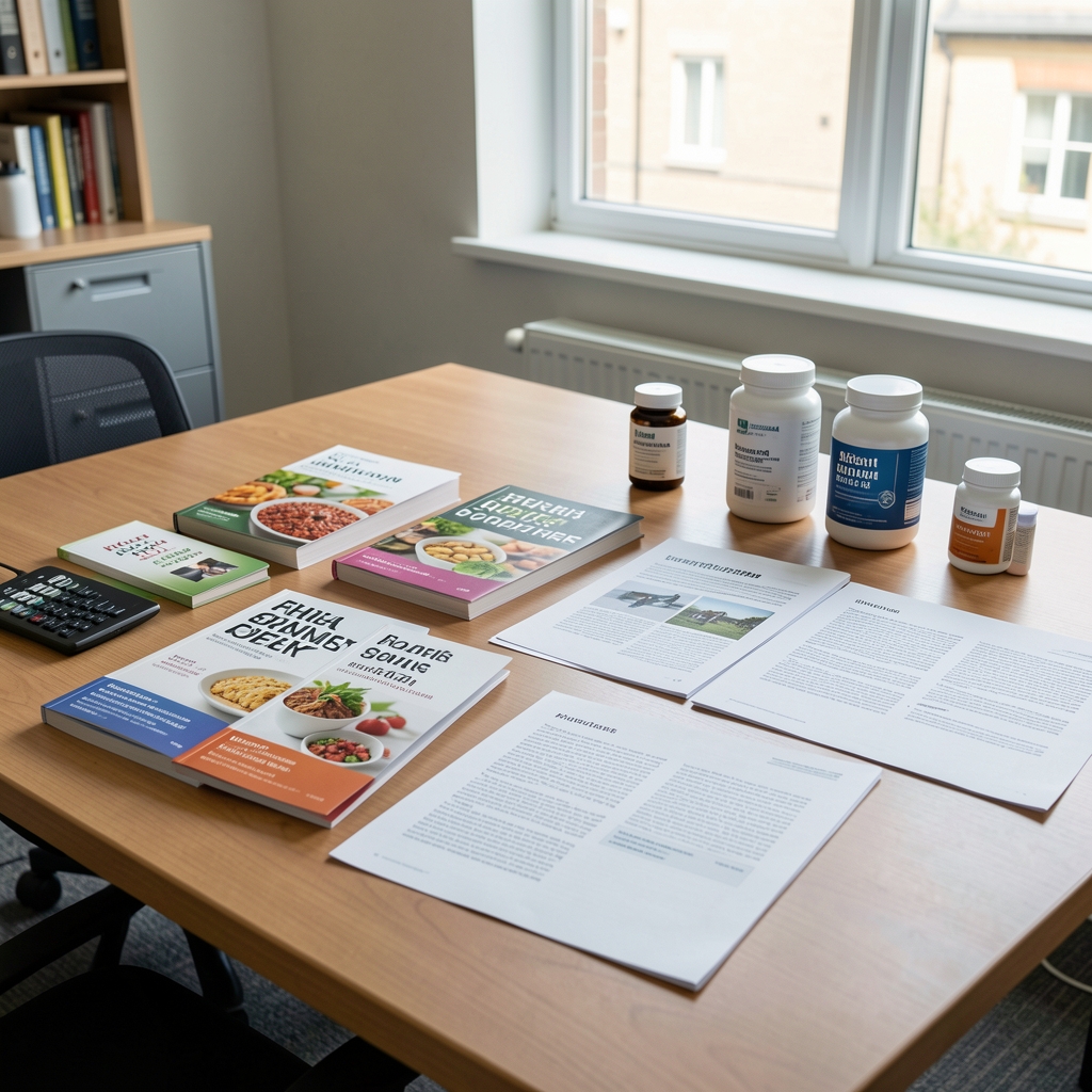 Man at laptop reviewing nutrition notes on a clean wooden desk in editorial daylight, Jakarta context